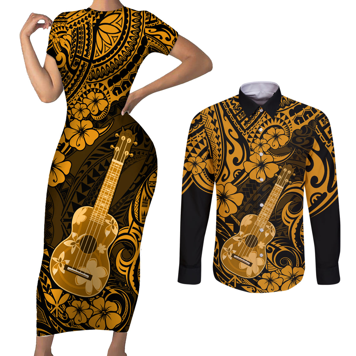 Hawaii Ukulele Couples Matching Short Sleeve Bodycon Dress and Long Sleeve Button Shirts Polynesian Pattern Gold Version LT01 Gold - Polynesian Pride