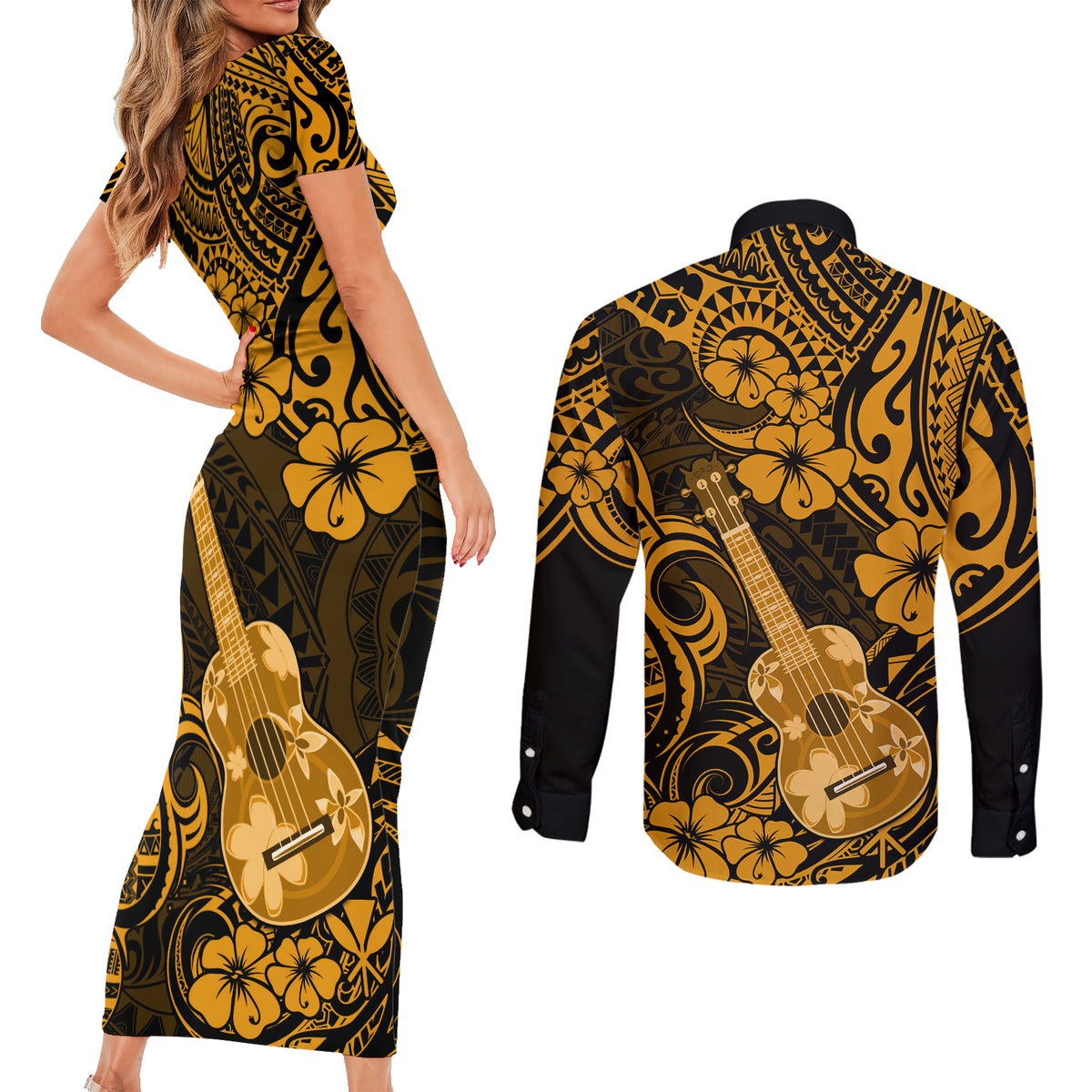 Hawaii Ukulele Couples Matching Short Sleeve Bodycon Dress and Long Sleeve Button Shirts Polynesian Pattern Gold Version LT01 - Polynesian Pride