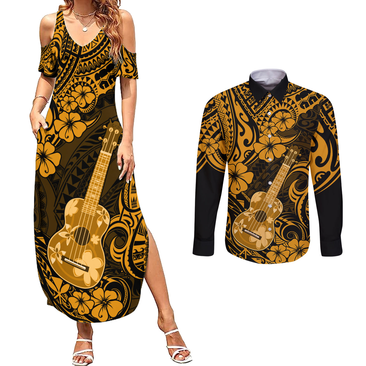 Hawaii Ukulele Couples Matching Summer Maxi Dress and Long Sleeve Button Shirts Polynesian Pattern Gold Version LT01 Gold - Polynesian Pride