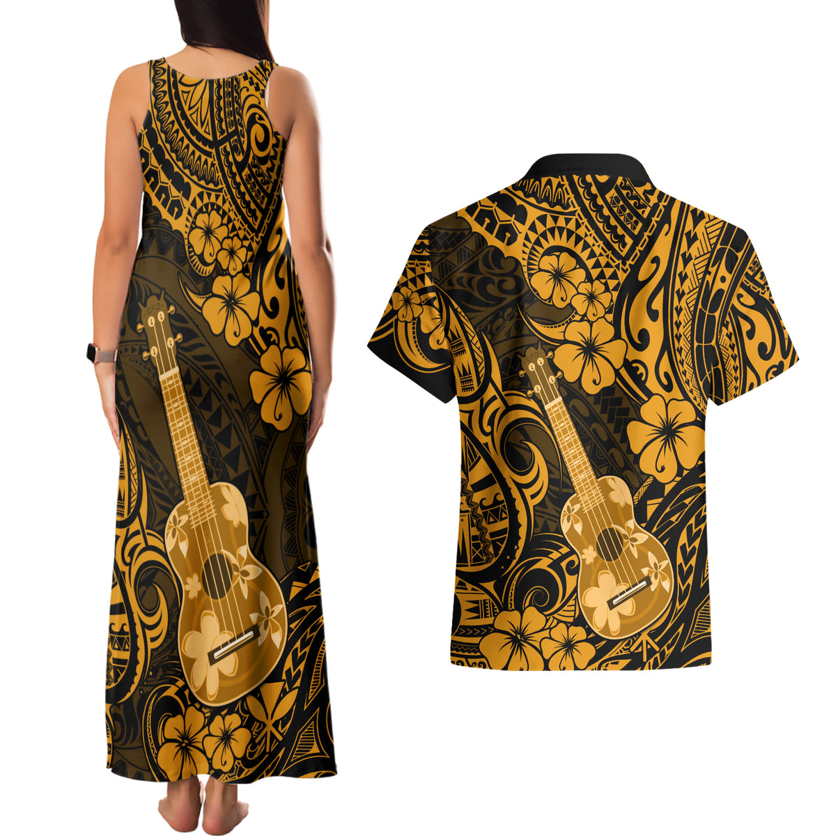 Hawaii Ukulele Couples Matching Tank Maxi Dress and Hawaiian Shirt Polynesian Pattern Gold Version LT01 - Polynesian Pride