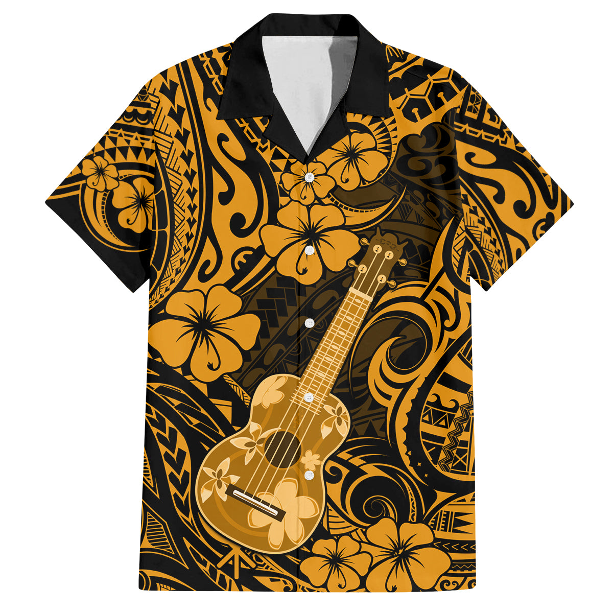 Hawaii Ukulele Family Matching Off Shoulder Long Sleeve Dress and Hawaiian Shirt Polynesian Pattern Gold Version LT01 Dad's Shirt - Short Sleeve Gold - Polynesian Pride