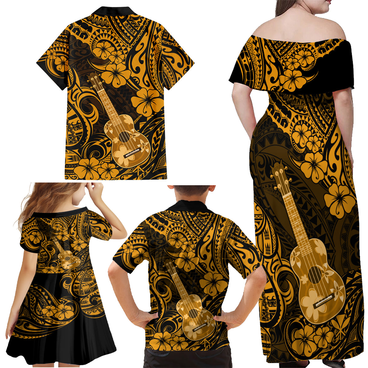 Hawaii Ukulele Family Matching Off Shoulder Maxi Dress and Hawaiian Shirt Polynesian Pattern Gold Version LT01 - Polynesian Pride