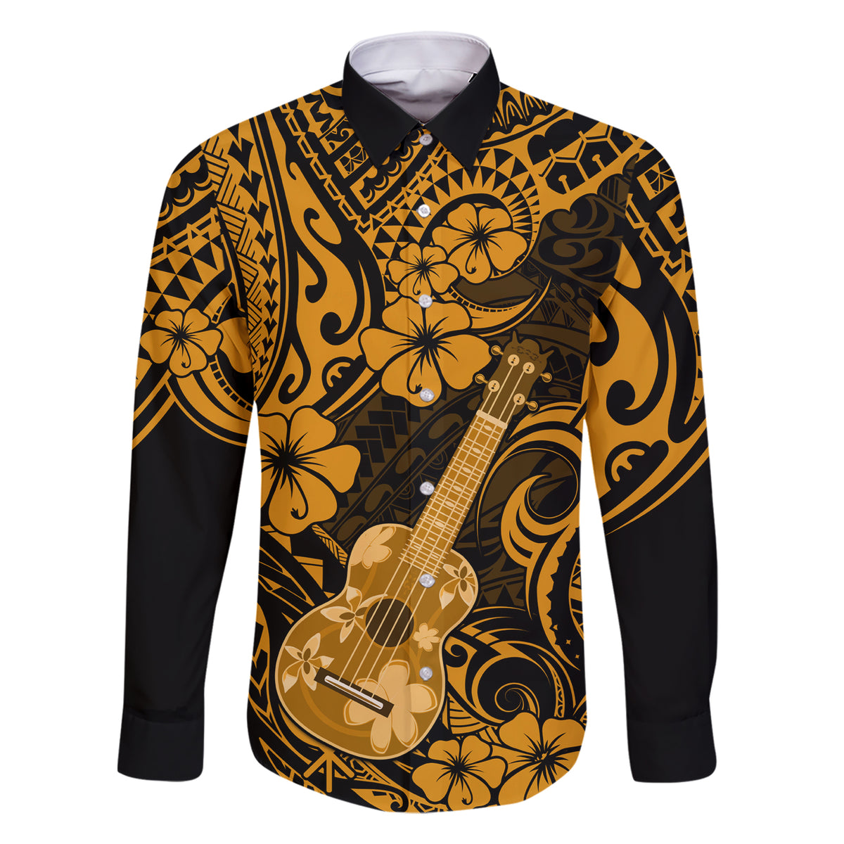 Hawaii Ukulele Family Matching Short Sleeve Bodycon Dress and Hawaiian Shirt Polynesian Pattern Gold Version LT01 Dad's Shirt - Long Sleeve Gold - Polynesian Pride