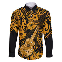 Hawaii Ukulele Family Matching Short Sleeve Bodycon Dress and Hawaiian Shirt Polynesian Pattern Gold Version LT01 Dad's Shirt - Long Sleeve Gold - Polynesian Pride