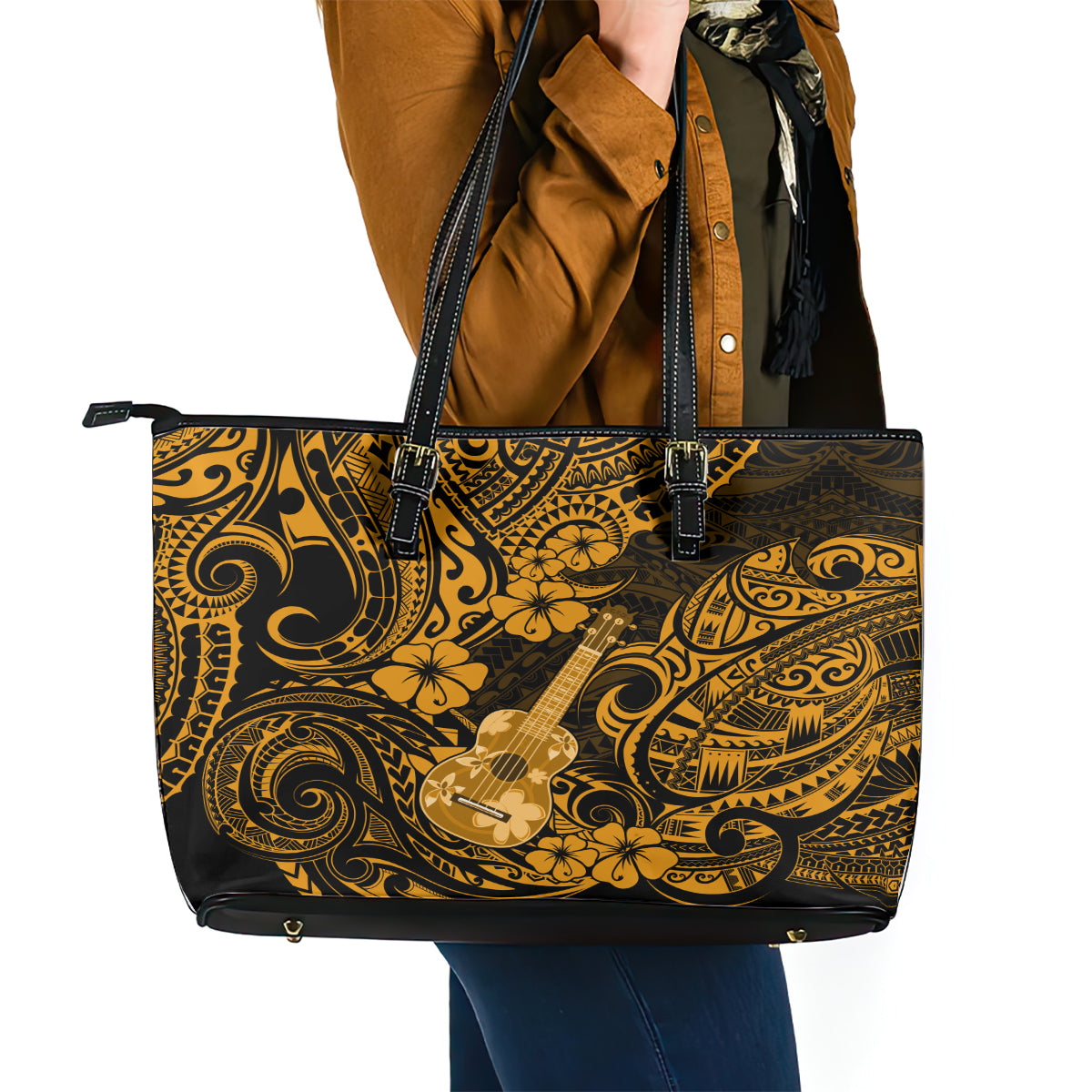 Hawaii Ukulele Leather Tote Bag Polynesian Pattern Gold Version LT01 - Polynesian Pride