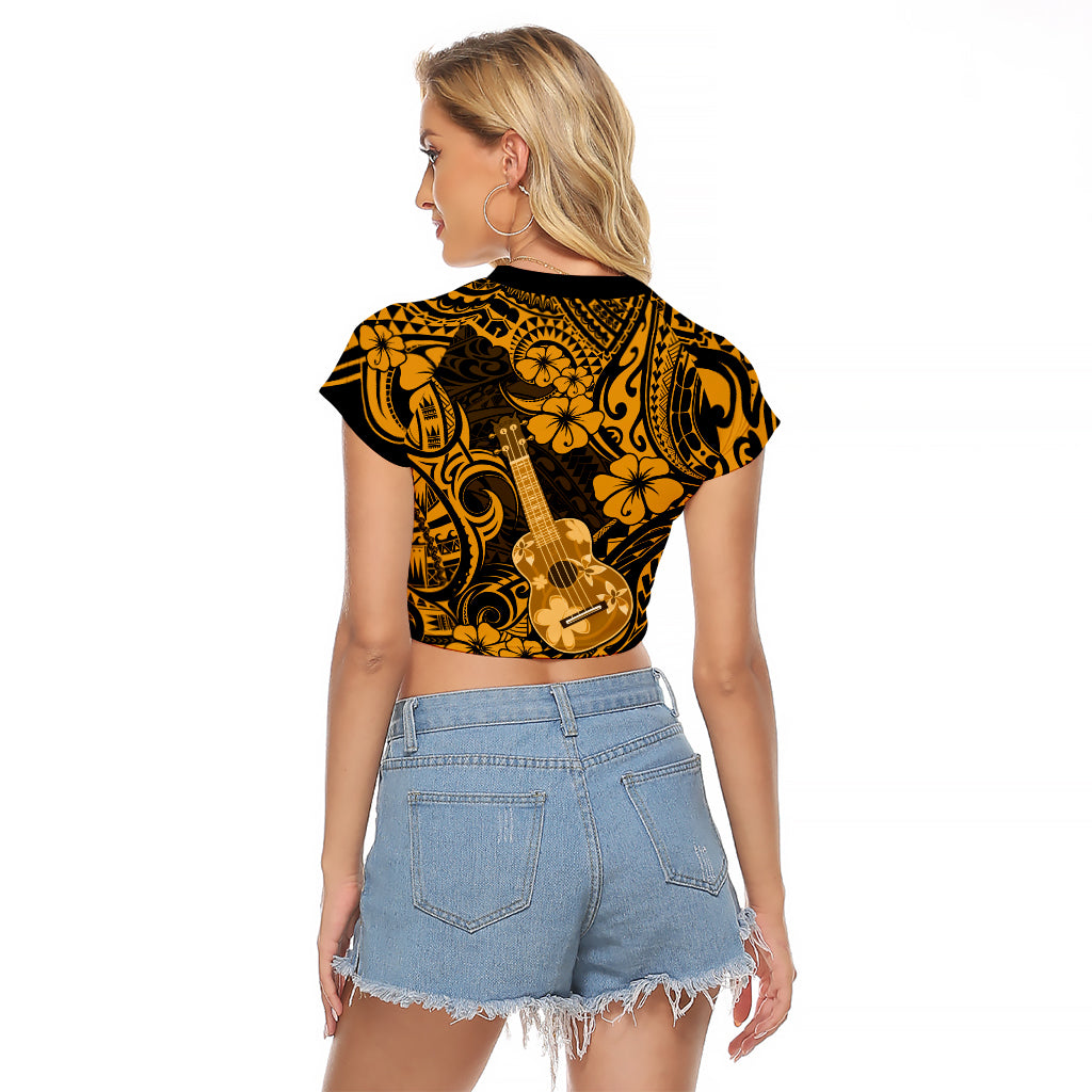 Hawaii Ukulele Raglan Cropped T Shirt Polynesian Pattern Gold Version LT01 - Polynesian Pride