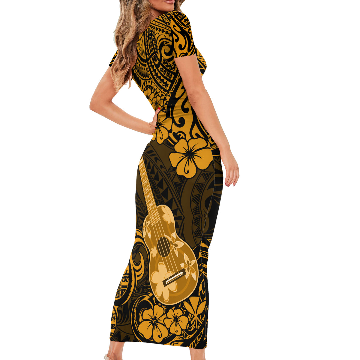 Hawaii Ukulele Short Sleeve Bodycon Dress Polynesian Pattern Gold Version LT01 - Polynesian Pride