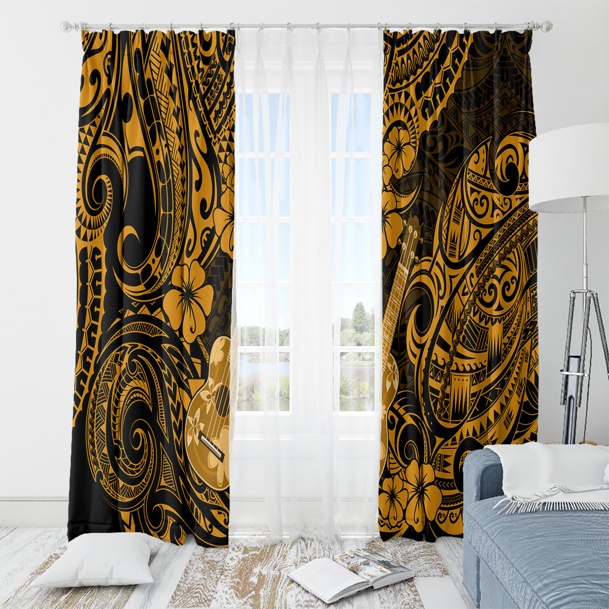 Hawaii Ukulele Window Curtain Polynesian Pattern Gold Version LT01 - Polynesian Pride