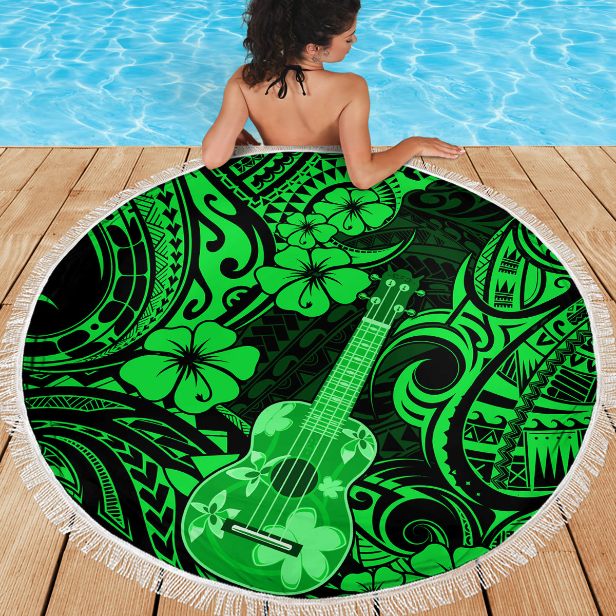 Hawaii Ukulele Beach Blanket Polynesian Pattern Green Version LT01 - Wonder Print Shop