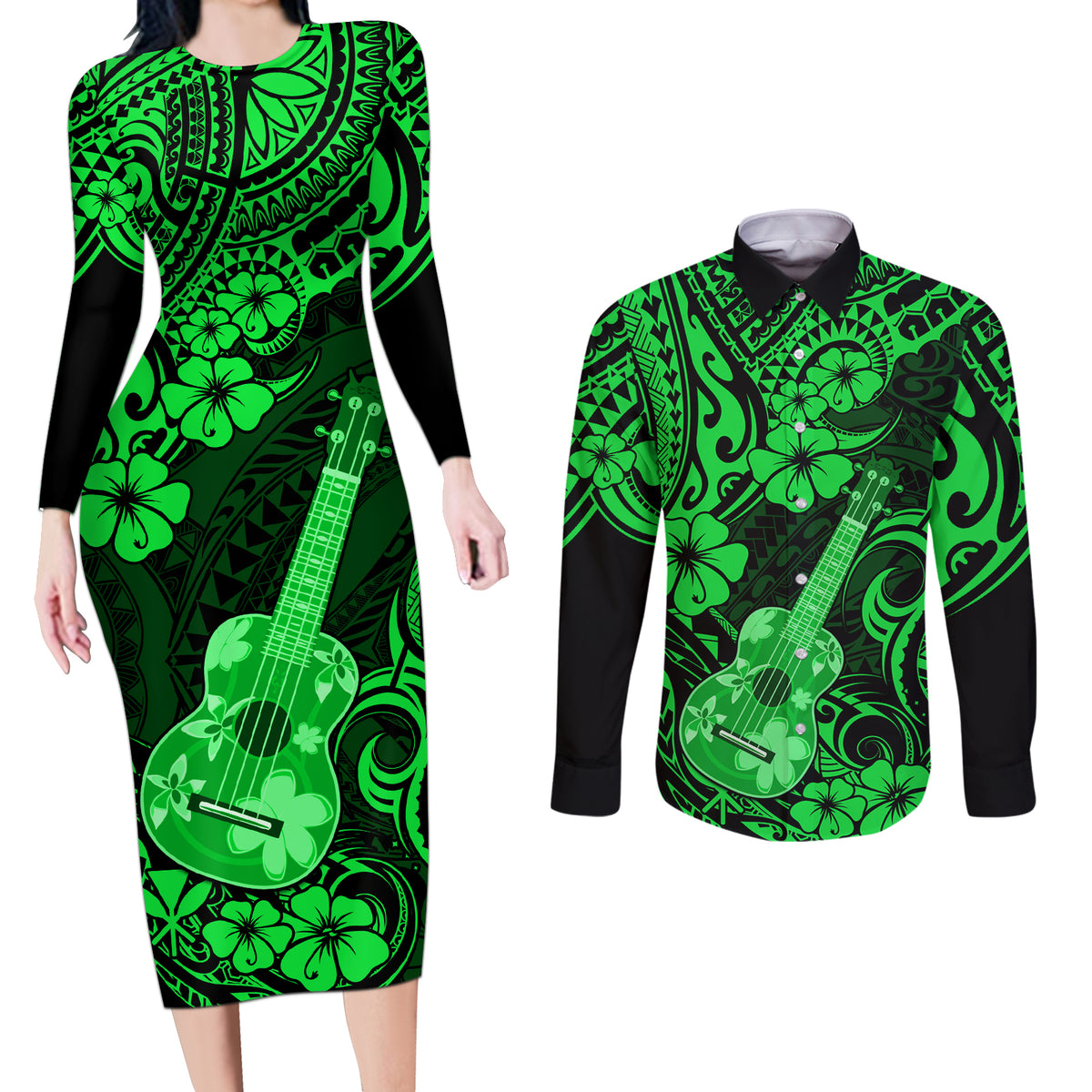 Hawaii Ukulele Couples Matching Long Sleeve Bodycon Dress and Long Sleeve Button Shirts Polynesian Pattern Green Version LT01 Green - Polynesian Pride