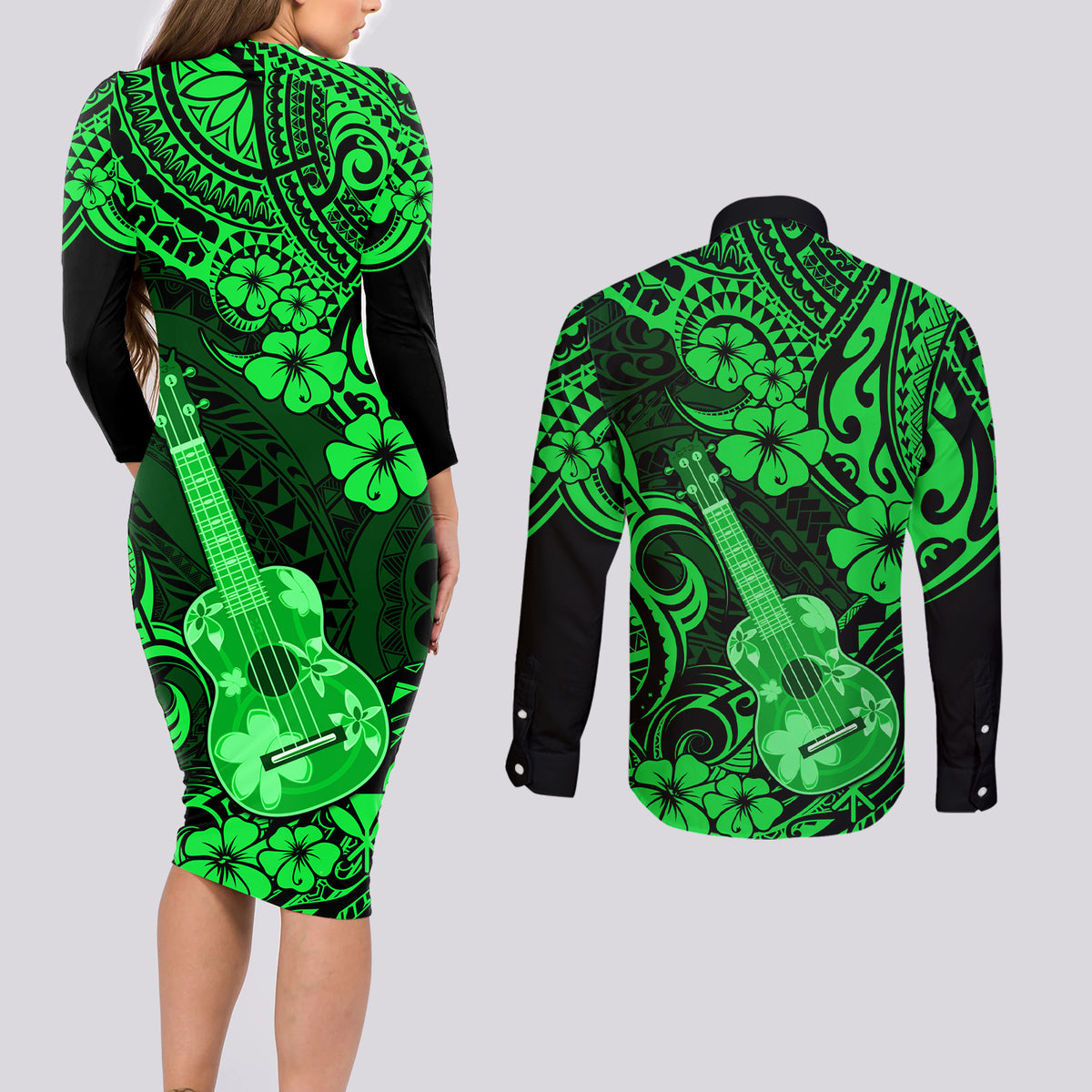 Hawaii Ukulele Couples Matching Long Sleeve Bodycon Dress and Long Sleeve Button Shirts Polynesian Pattern Green Version LT01 - Polynesian Pride