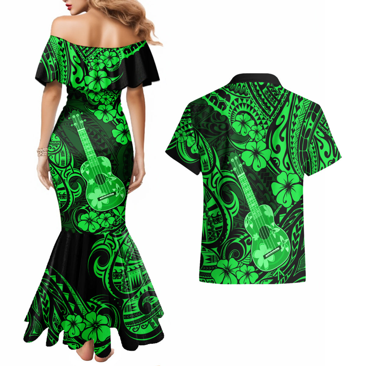 Hawaii Ukulele Couples Matching Mermaid Dress and Hawaiian Shirt Polynesian Pattern Green Version LT01 - Polynesian Pride