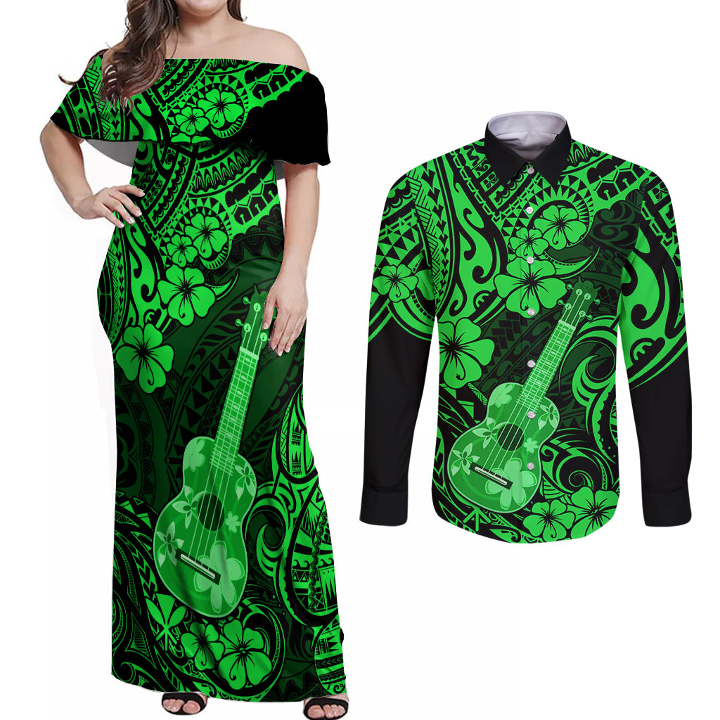 Hawaii Ukulele Couples Matching Off Shoulder Maxi Dress and Long Sleeve Button Shirts Polynesian Pattern Green Version LT01 Green - Polynesian Pride