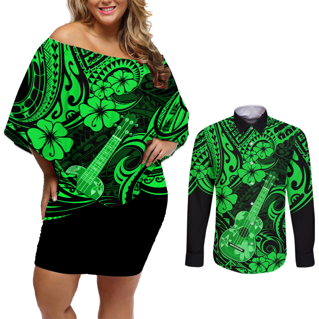 Hawaii Ukulele Couples Matching Off Shoulder Short Dress and Long Sleeve Button Shirts Polynesian Pattern Green Version LT01 Green - Polynesian Pride