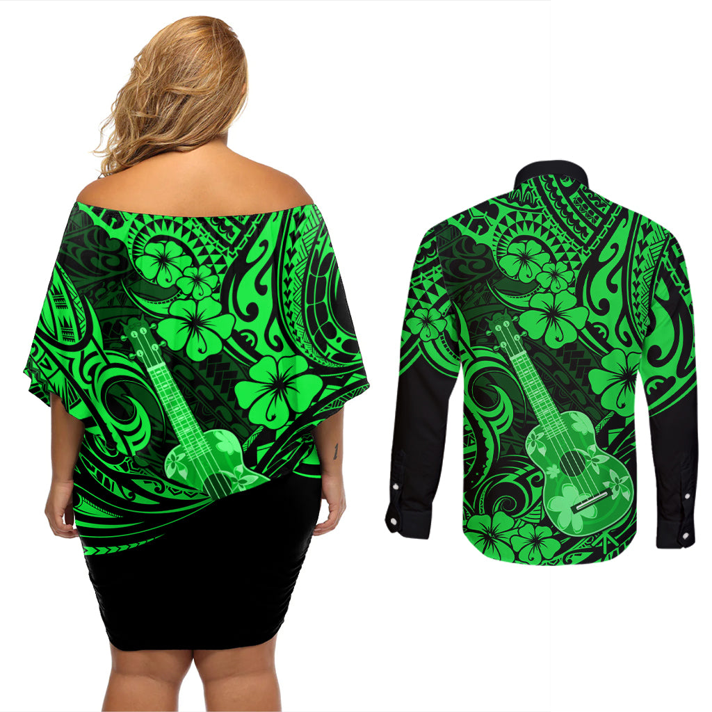 Hawaii Ukulele Couples Matching Off Shoulder Short Dress and Long Sleeve Button Shirts Polynesian Pattern Green Version LT01 - Polynesian Pride