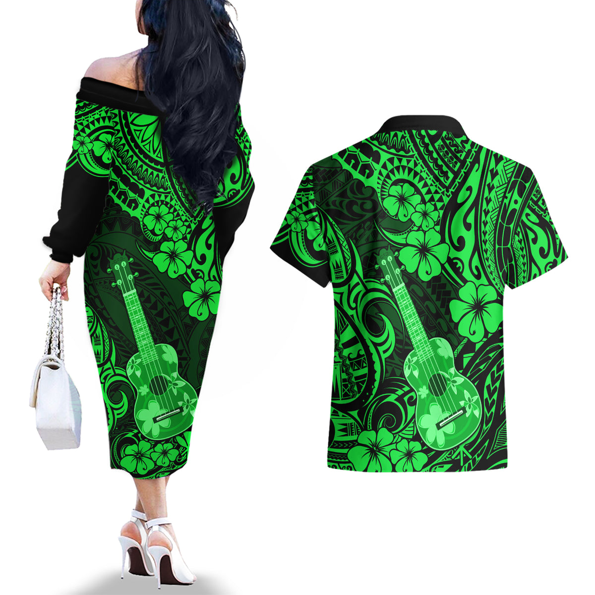 Hawaii Ukulele Couples Matching Off The Shoulder Long Sleeve Dress and Hawaiian Shirt Polynesian Pattern Green Version LT01 - Polynesian Pride