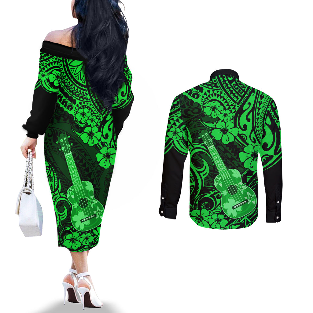 Hawaii Ukulele Couples Matching Off The Shoulder Long Sleeve Dress and Long Sleeve Button Shirts Polynesian Pattern Green Version LT01 - Polynesian Pride