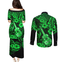 Hawaii Ukulele Couples Matching Puletasi Dress and Long Sleeve Button Shirts Polynesian Pattern Green Version LT01 - Polynesian Pride