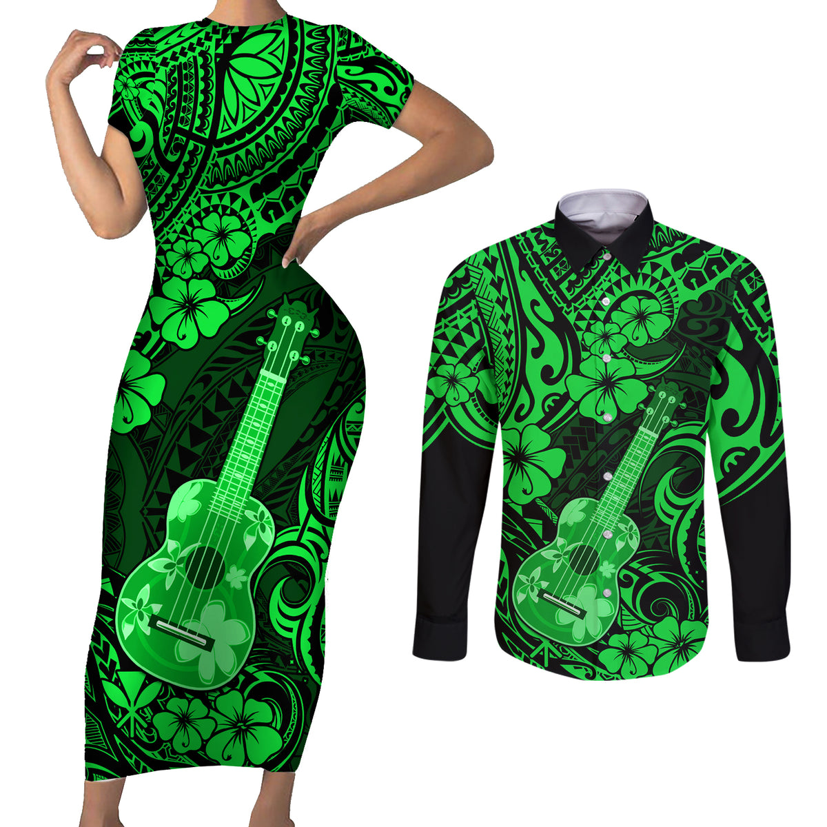 Hawaii Ukulele Couples Matching Short Sleeve Bodycon Dress and Long Sleeve Button Shirts Polynesian Pattern Green Version LT01 Green - Polynesian Pride