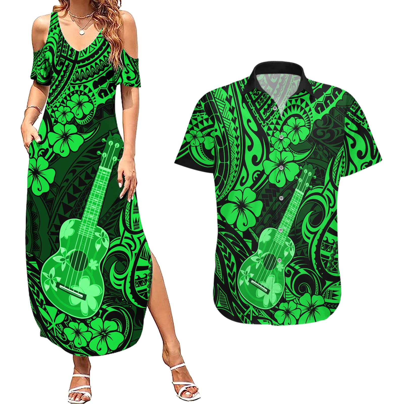 Hawaii Ukulele Couples Matching Summer Maxi Dress and Hawaiian Shirt Polynesian Pattern Green Version LT01 Green - Polynesian Pride