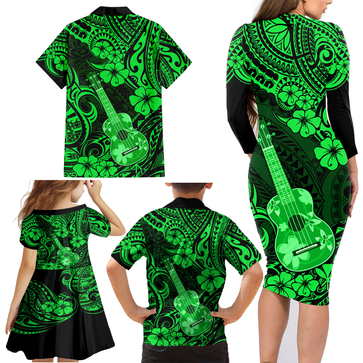 Hawaii Ukulele Family Matching Long Sleeve Bodycon Dress and Hawaiian Shirt Polynesian Pattern Green Version LT01 - Polynesian Pride