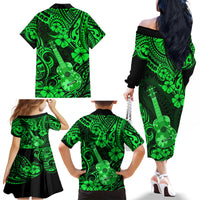 Hawaii Ukulele Family Matching Off Shoulder Long Sleeve Dress and Hawaiian Shirt Polynesian Pattern Green Version LT01 - Polynesian Pride