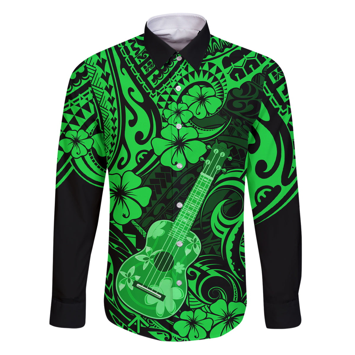 Hawaii Ukulele Family Matching Puletasi Dress and Hawaiian Shirt Polynesian Pattern Green Version LT01 Dad's Shirt - Long Sleeve Green - Polynesian Pride
