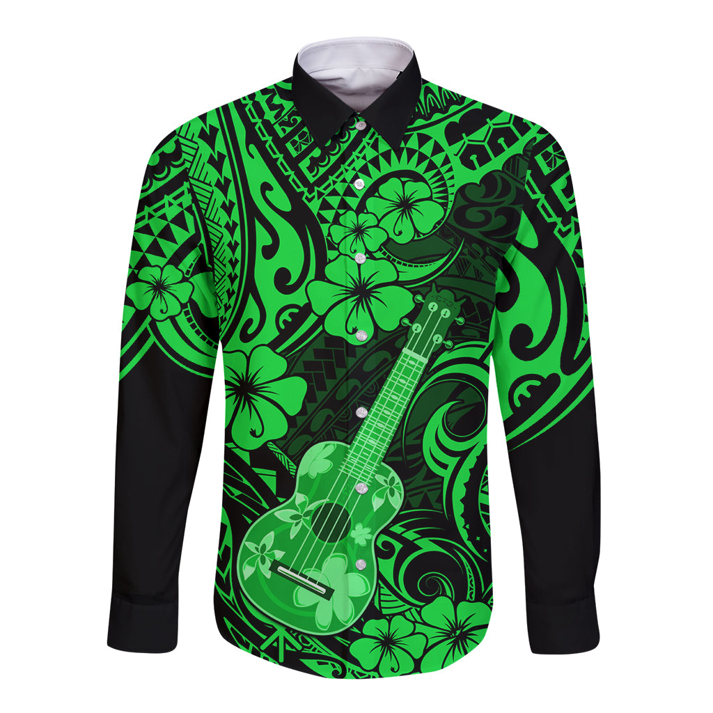 Hawaii Ukulele Long Sleeve Button Shirt Polynesian Pattern Green Version LT01 Unisex Green - Polynesian Pride