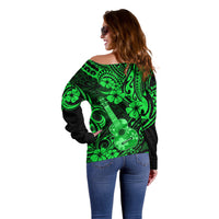 Hawaii Ukulele Off Shoulder Sweater Polynesian Pattern Green Version LT01 - Polynesian Pride