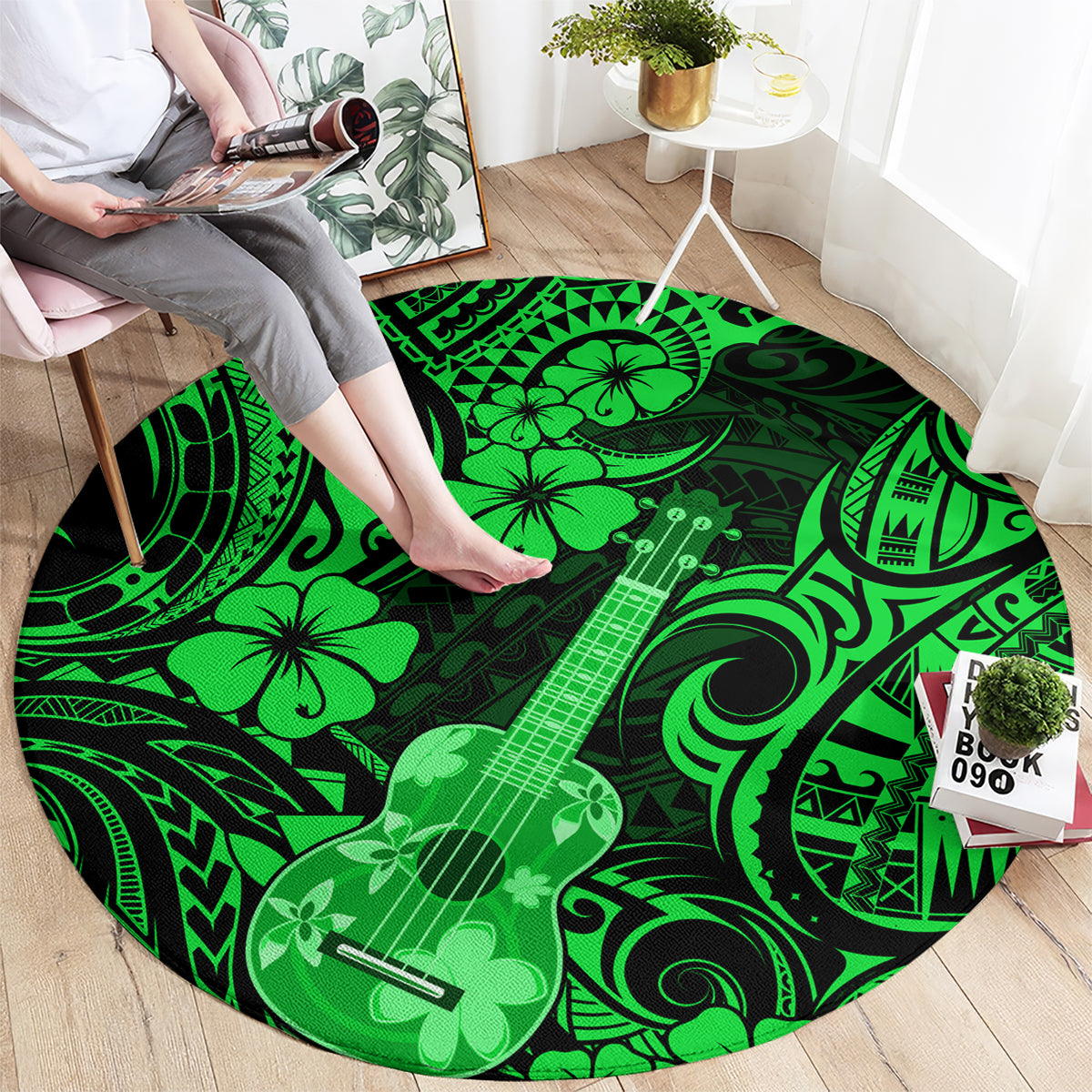 Hawaii Ukulele Round Carpet Polynesian Pattern Green Version LT01 - Polynesian Pride