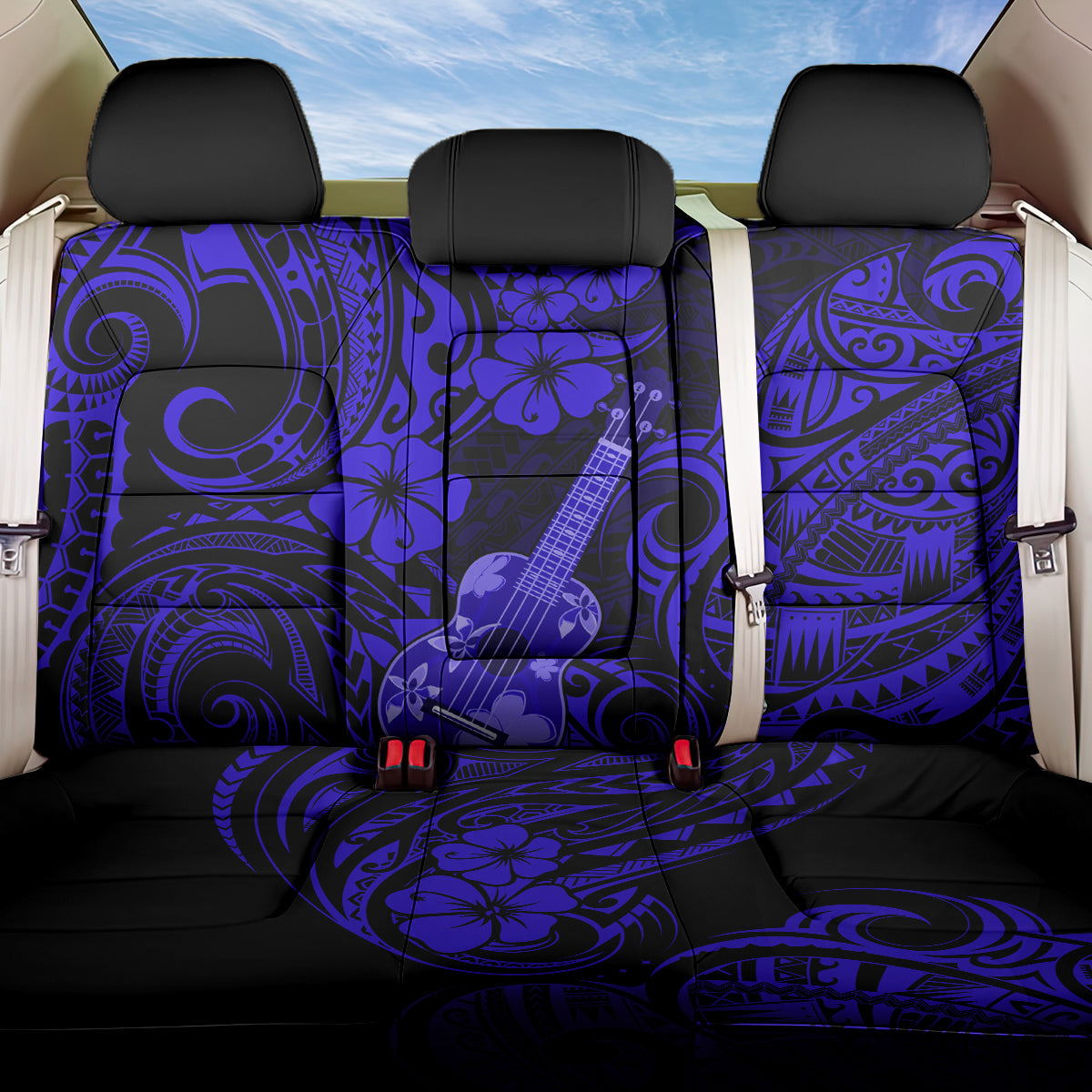 Hawaii Ukulele Back Car Seat Cover Polynesian Pattern Navy Blue Version
