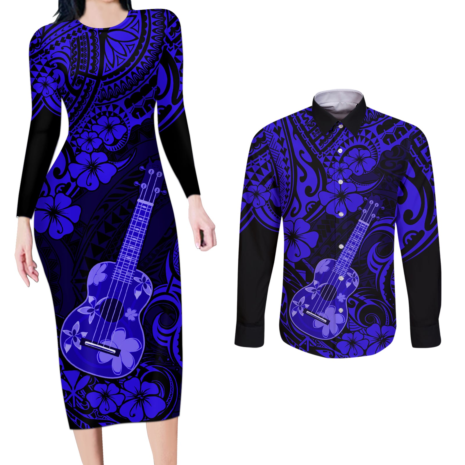 Hawaii Ukulele Couples Matching Long Sleeve Bodycon Dress and Long Sleeve Button Shirts Polynesian Pattern Navy Blue Version LT01 Blue - Polynesian Pride