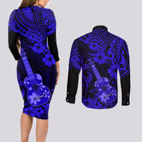Hawaii Ukulele Couples Matching Long Sleeve Bodycon Dress and Long Sleeve Button Shirts Polynesian Pattern Navy Blue Version LT01 - Polynesian Pride