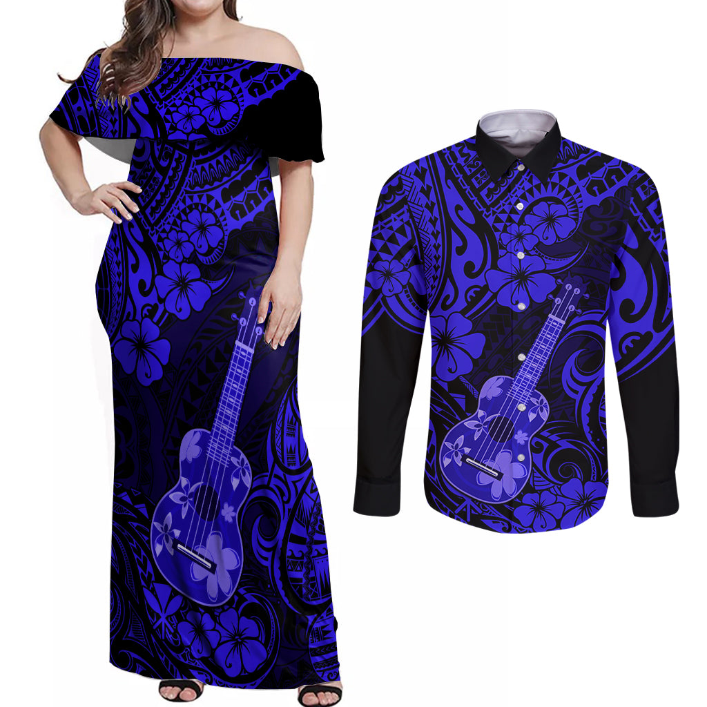 Hawaii Ukulele Couples Matching Off Shoulder Maxi Dress and Long Sleeve Button Shirts Polynesian Pattern Navy Blue Version LT01 Blue - Polynesian Pride
