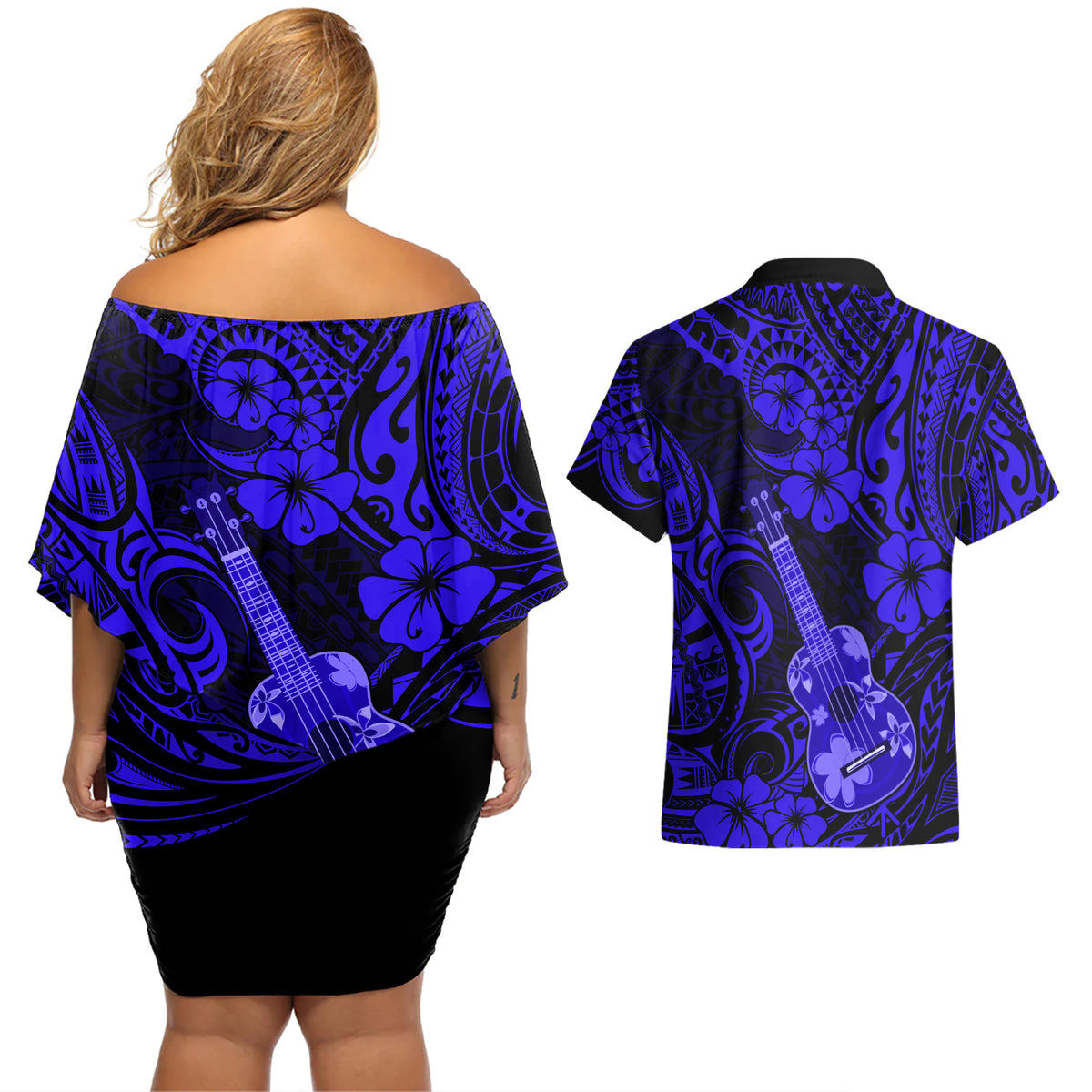 Hawaii Ukulele Couples Matching Off Shoulder Short Dress and Hawaiian Shirt Polynesian Pattern Navy Blue Version LT01 - Polynesian Pride
