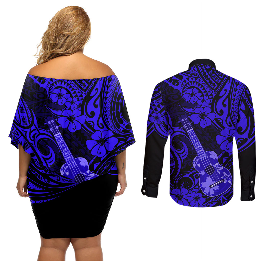 Hawaii Ukulele Couples Matching Off Shoulder Short Dress and Long Sleeve Button Shirts Polynesian Pattern Navy Blue Version LT01 - Polynesian Pride