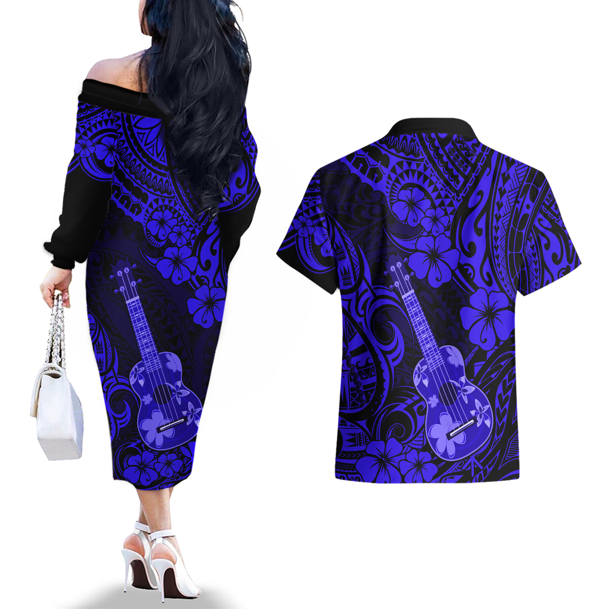 Hawaii Ukulele Couples Matching Off The Shoulder Long Sleeve Dress and Hawaiian Shirt Polynesian Pattern Navy Blue Version LT01 - Polynesian Pride