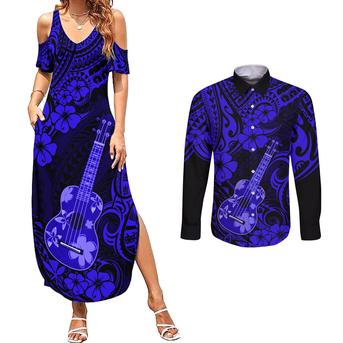 Hawaii Ukulele Couples Matching Summer Maxi Dress and Long Sleeve Button Shirts Polynesian Pattern Navy Blue Version LT01 Blue - Polynesian Pride