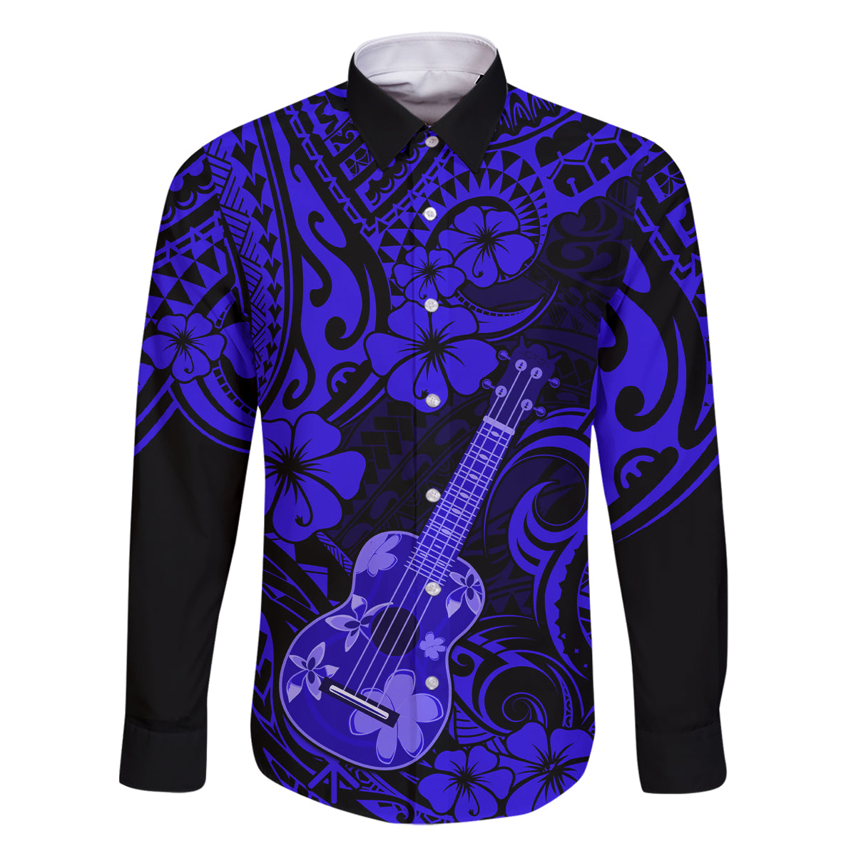 Hawaii Ukulele Family Matching Long Sleeve Bodycon Dress and Hawaiian Shirt Polynesian Pattern Navy Blue Version LT01 Dad's Shirt - Long Sleeve Blue - Polynesian Pride