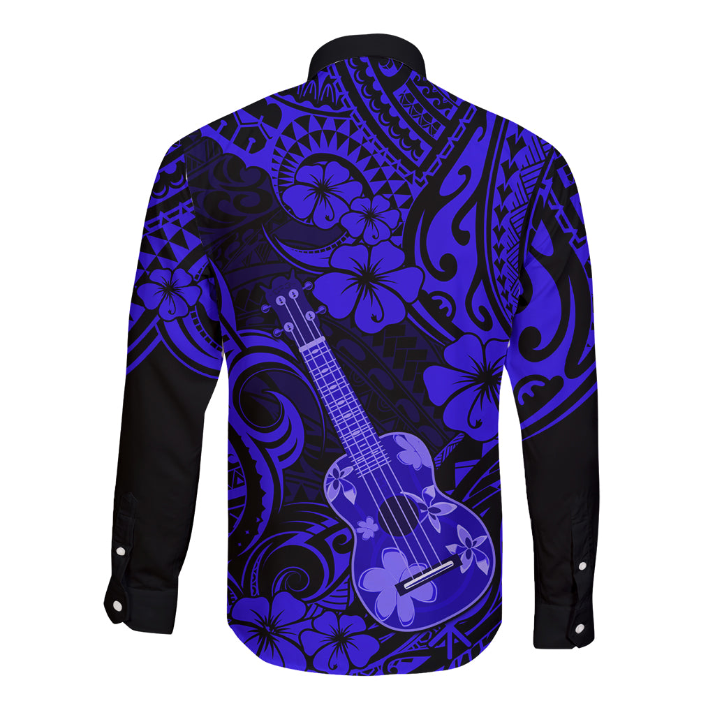 Hawaii Ukulele Long Sleeve Button Shirt Polynesian Pattern Navy Blue Version LT01 - Polynesian Pride