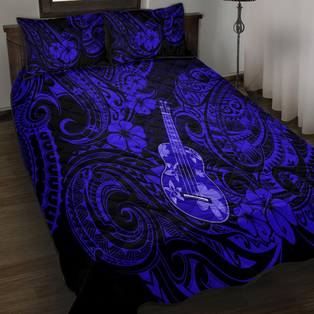 Hawaii Ukulele Quilt Bed Set Polynesian Pattern Navy Blue Version LT01 - Polynesian Pride