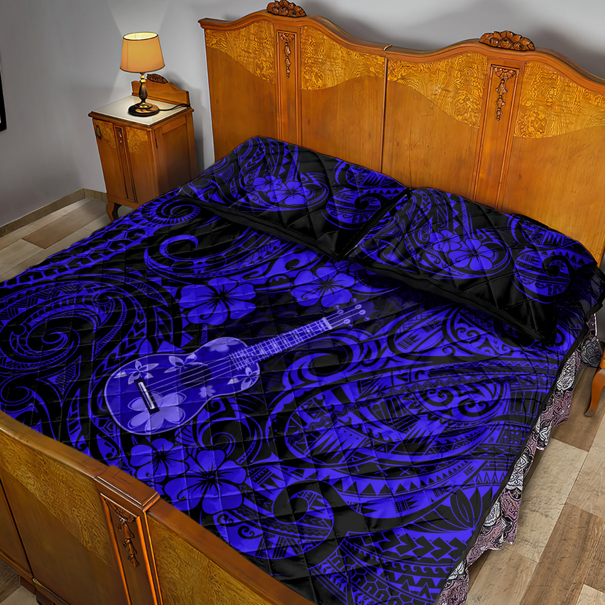 Hawaii Ukulele Quilt Bed Set Polynesian Pattern Navy Blue Version LT01 - Polynesian Pride