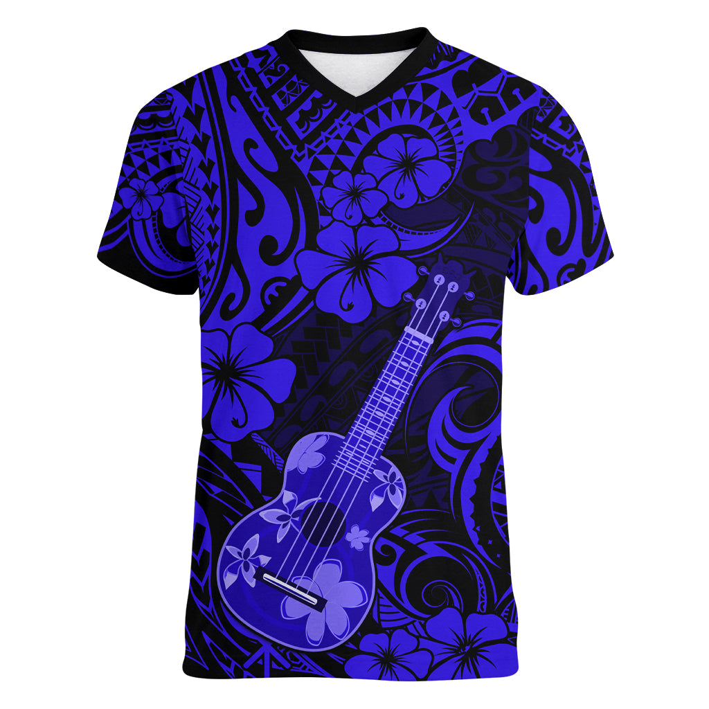 Hawaii Ukulele Women V Neck T Shirt Polynesian Pattern Navy Blue Version LT01 Female Blue - Polynesian Pride