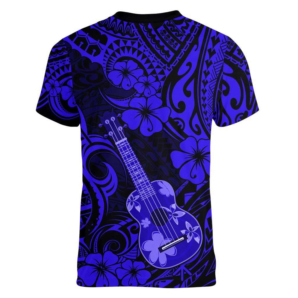 Hawaii Ukulele Women V Neck T Shirt Polynesian Pattern Navy Blue Version LT01 - Polynesian Pride