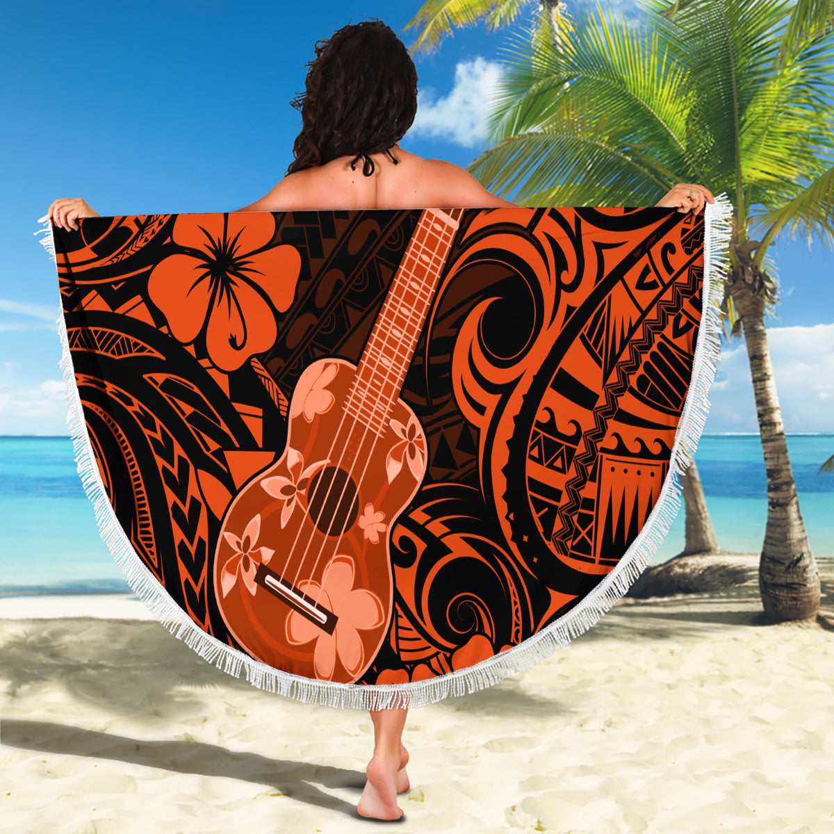 Hawaii Ukulele Beach Blanket Polynesian Pattern Orange Version LT01 - Wonder Print Shop