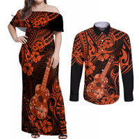 Hawaii Ukulele Couples Matching Off Shoulder Maxi Dress and Long Sleeve Button Shirts Polynesian Pattern Orange Version LT01 Orange - Polynesian Pride