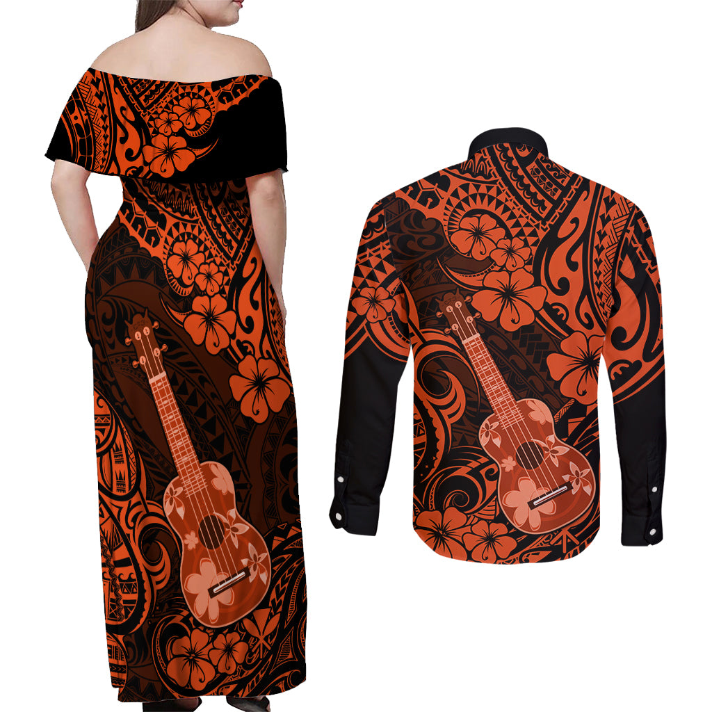 Hawaii Ukulele Couples Matching Off Shoulder Maxi Dress and Long Sleeve Button Shirts Polynesian Pattern Orange Version LT01 - Polynesian Pride