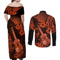 Hawaii Ukulele Couples Matching Off Shoulder Maxi Dress and Long Sleeve Button Shirts Polynesian Pattern Orange Version LT01 - Polynesian Pride