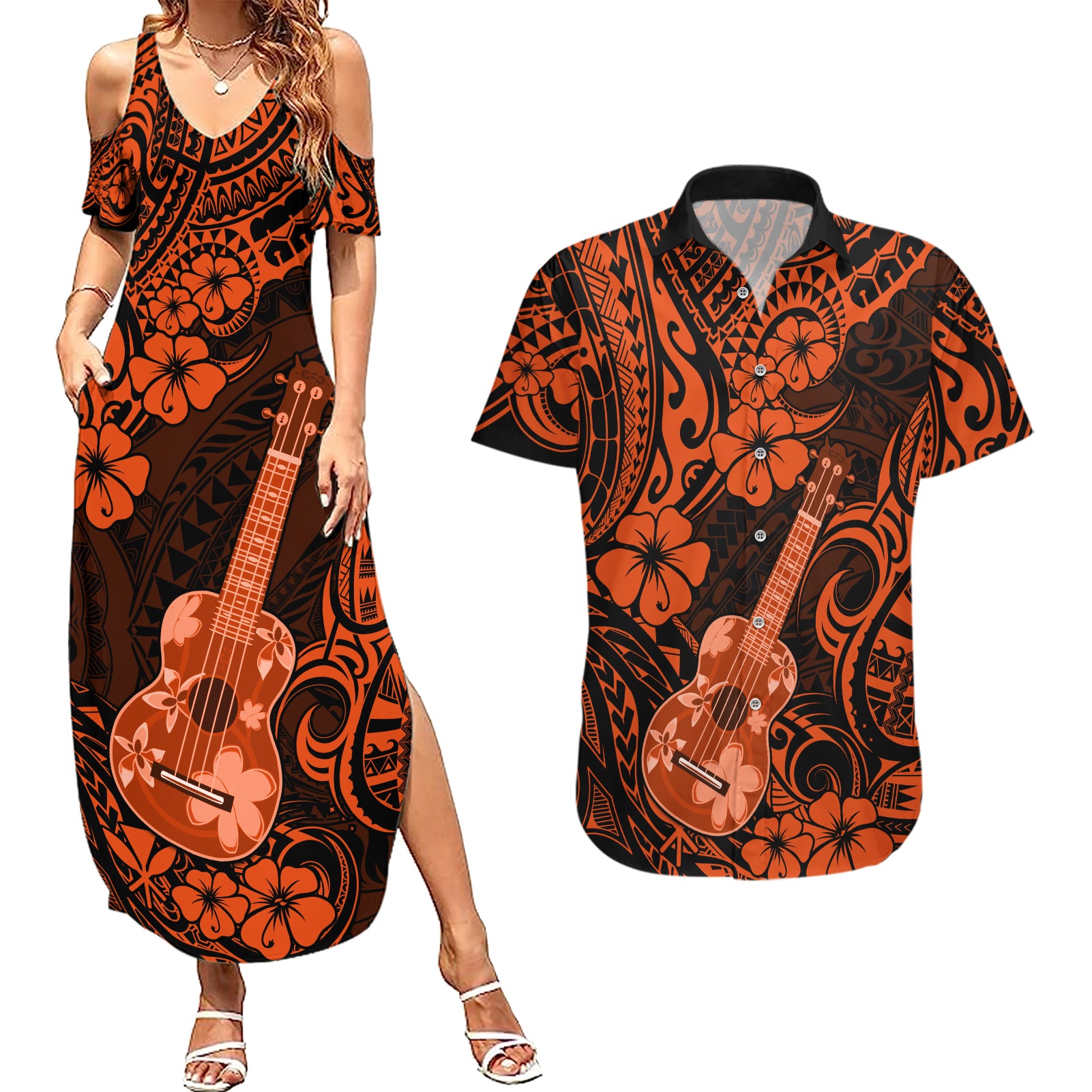 Hawaii Ukulele Couples Matching Summer Maxi Dress and Hawaiian Shirt Polynesian Pattern Orange Version LT01 Orange - Polynesian Pride