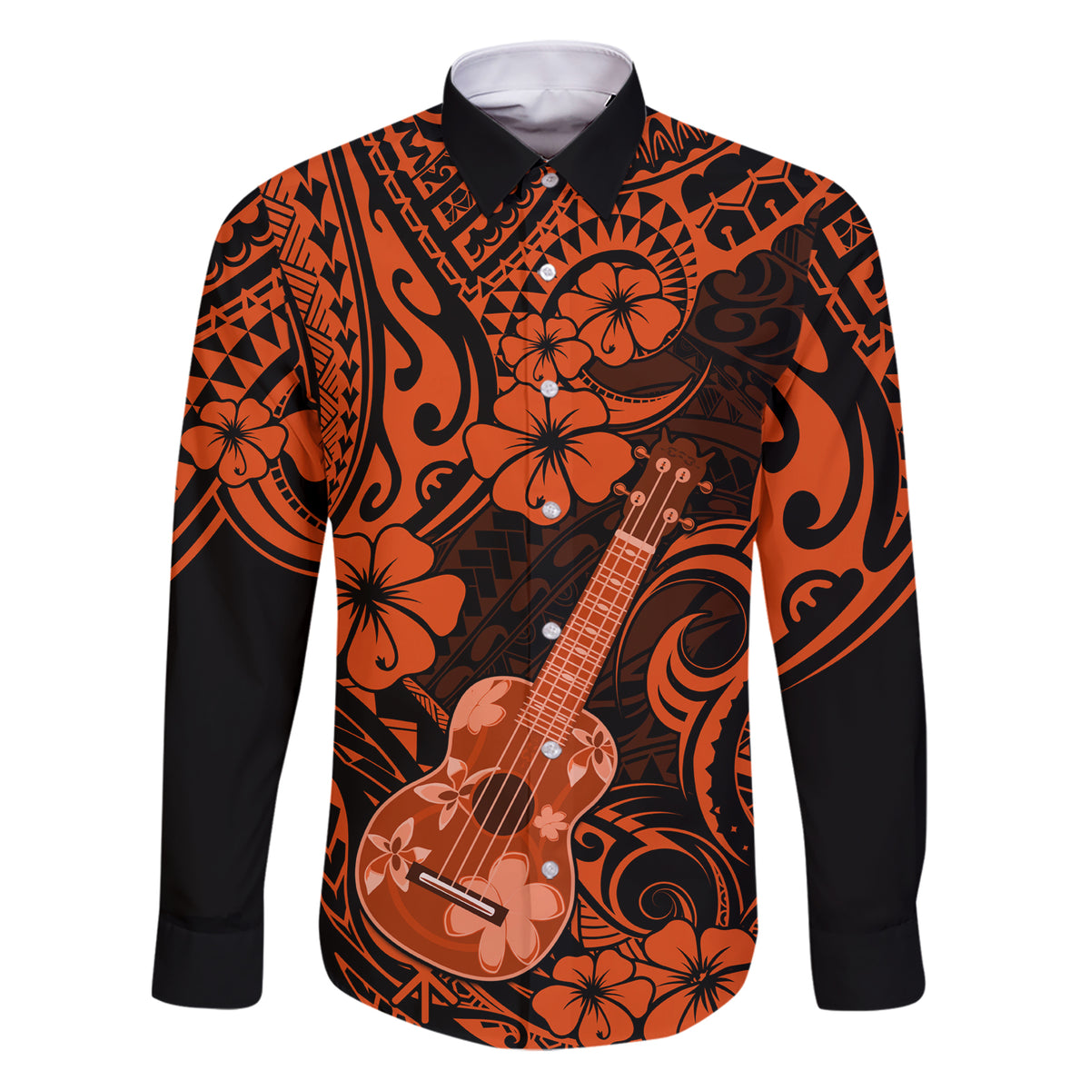 Hawaii Ukulele Family Matching Short Sleeve Bodycon Dress and Hawaiian Shirt Polynesian Pattern Orange Version LT01 Dad's Shirt - Long Sleeve Orange - Polynesian Pride
